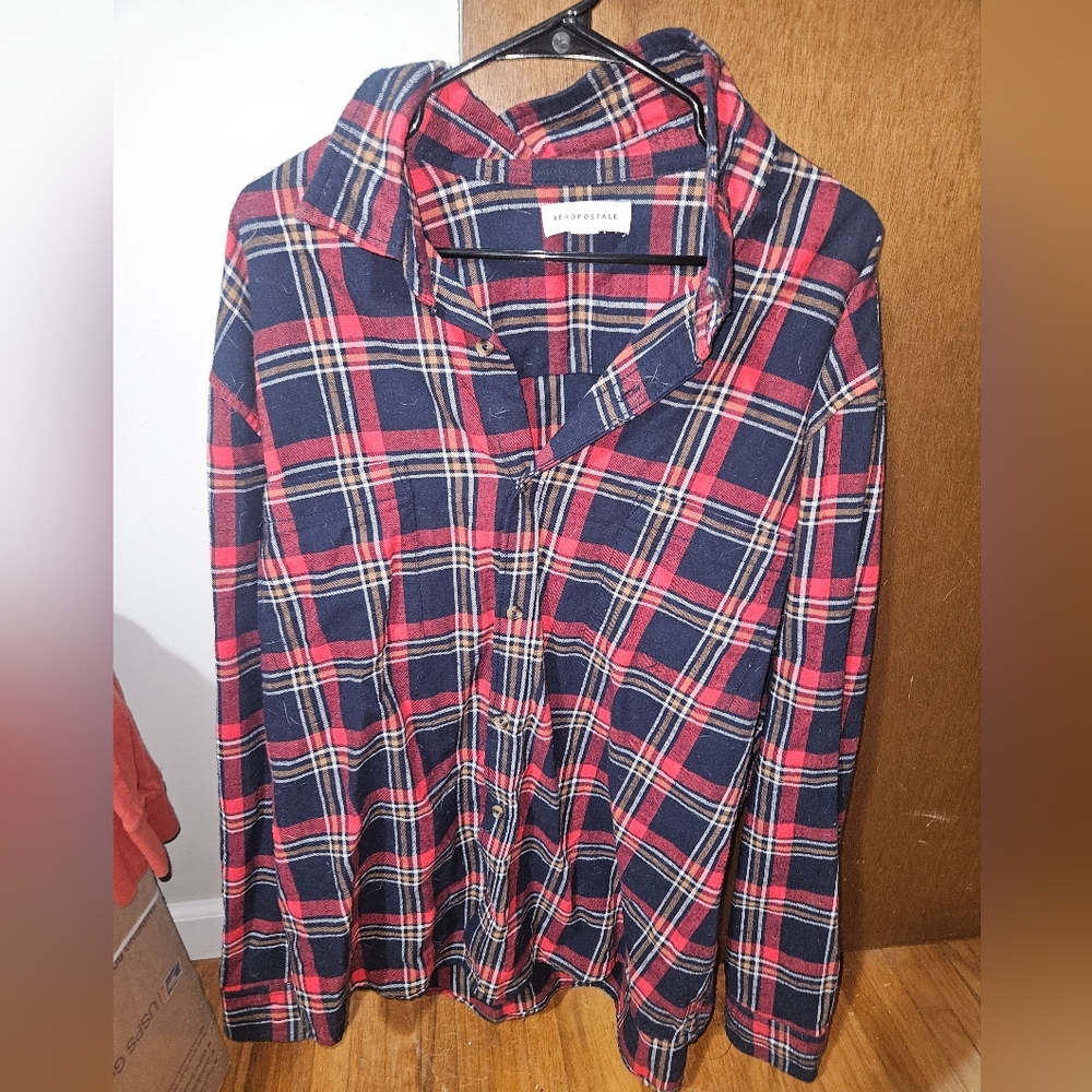 Aeropostale Red and Blue Plaid Button Up Collared Long Sleeve Shirt Size 2XL